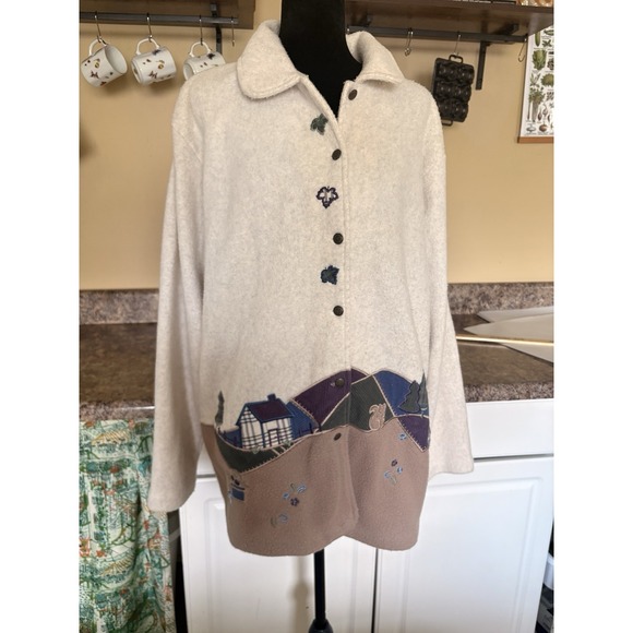 Teddi Sweaters - VTG Teddi Fleece Button Cottage Applique Granny Cardigan Fall Cabin Sweater Sz L